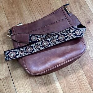 Bostanten Brown Crossbody Bag with Patterned Strap